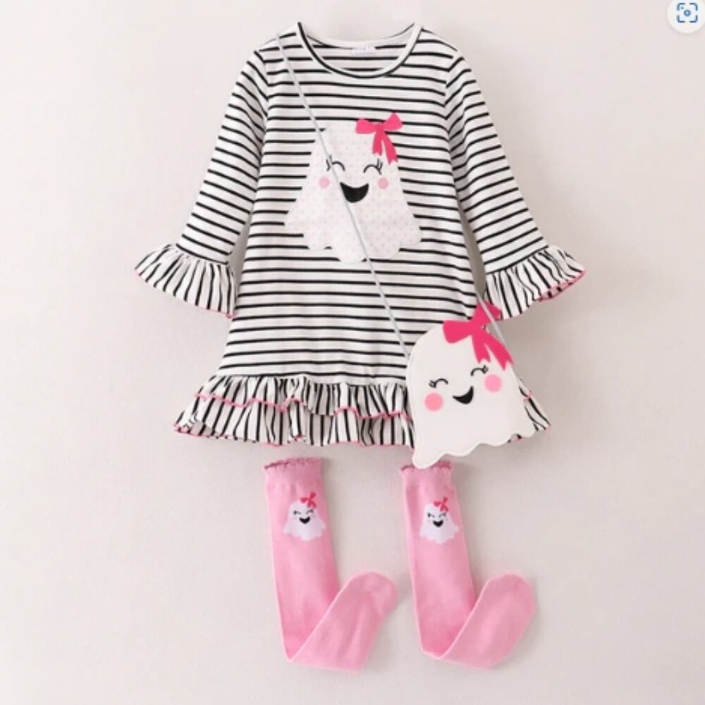 Boutique Halloween Ghost Girls Dress Socks & Purse Outfit Set